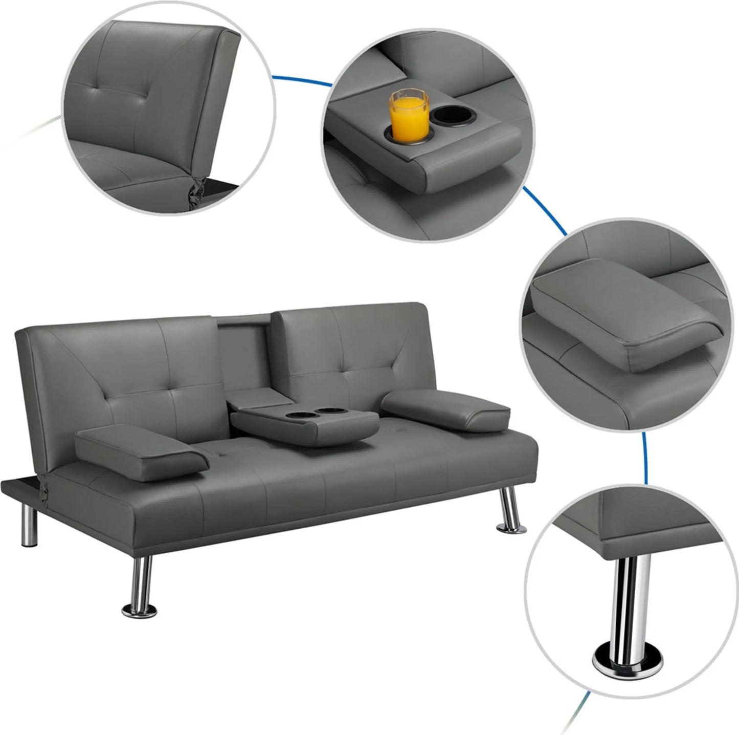 Canapé lit 3 places en similicuir gris 167x81,5x75 cm avec accoudoir rabattable