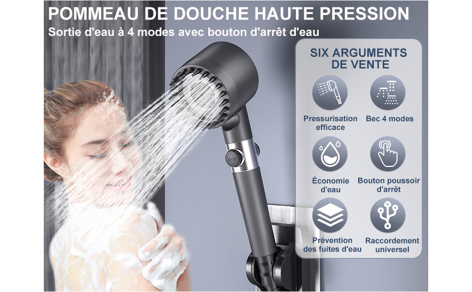 Pommeau de Douche massage Haute Pression Economiseur d'eau filtre Anti Calcaire  1.5M + Support