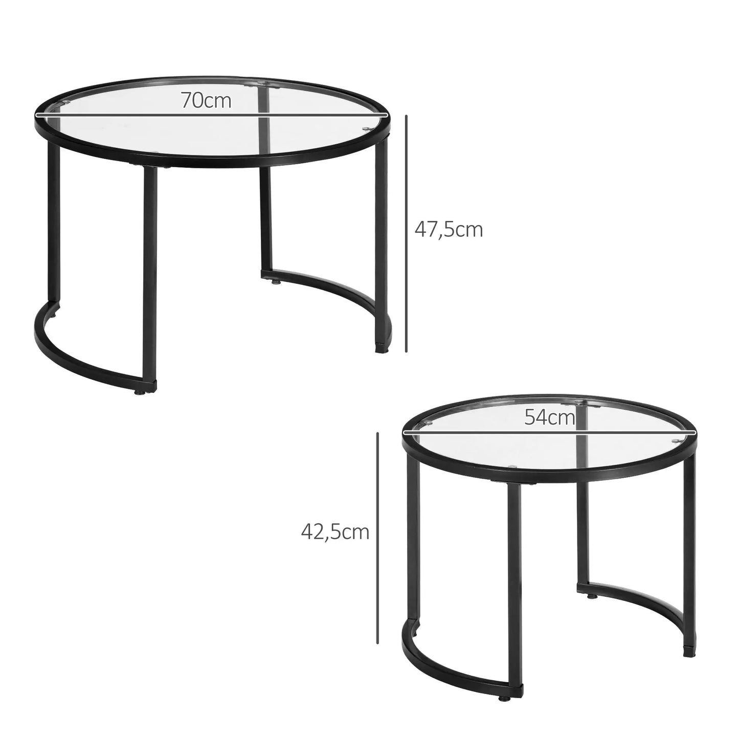 Lot de 2 Tables Basses gigognes Rondes 70/54 cm Plateau Verre trempé et Pied en Acier au Carbone Design Moderne Noir