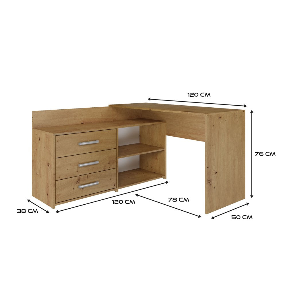 Bureau d'angle 3 tiroirs bois chêne 120x50x76 Cm