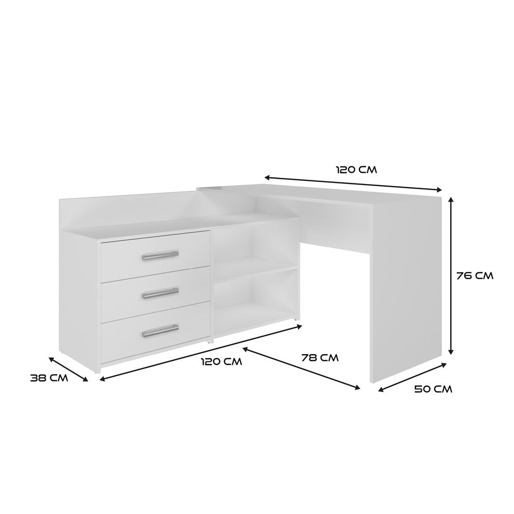 Bureau d'angle 3 tiroirs blanc 120x50x76 Cm